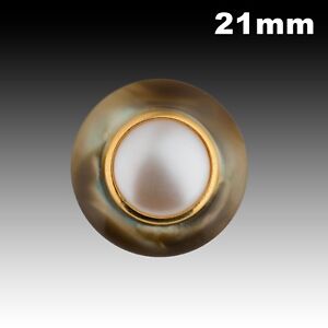 Vintage Italian Olive Green Button w/ Faux Pearl & Gold Rim 21mm 40020007