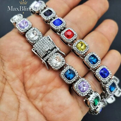 Unisex Hip Hop Style Silver Plated Iced CZ 20" Multi Color Stone Chain Necklace - Image 1 of 4