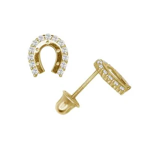 14K Yellow or White Gold Cubic Zirconia Horse Shoes Earrings with Screw Back. - Picture 1 of 5