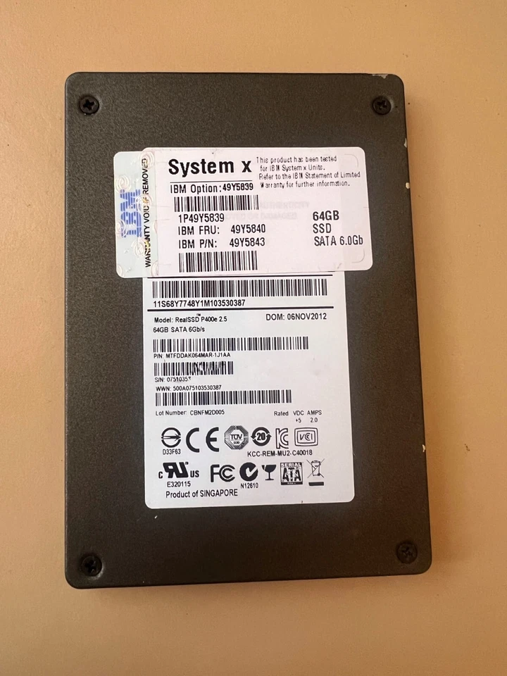 IBM System x 64GB 6G 2.5Inch SFF MLC SATA SSD Solid State Drive PN: 49Y5840 - Image 1 of 1