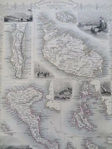 British Mediterranean Possessions Malta 1850 Tallis Rapkin decorative map - Picture 1 of 4