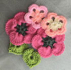 Coral Pink Yellow Crochet flowers and leaves appliqués 6 Pc Cotton