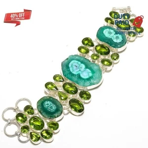 Green Solar Druzy Peridot 925 Sterling Silver Birthday Chain Engagement Bracelet - Picture 1 of 7