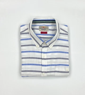 Men's White Striped Barbour Shirt Large L Slim Fit Linen Cotton Short Sleeve B - Image 1 of 4