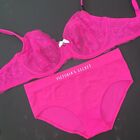 Victoria's Secret unlined 34C,34DDD BRA SET M,L panty Hot Pink lace floral BODY