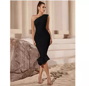 NEW! DESIGNER COUTURE BLACK RUFFLE ONE SHOULDER BANDAGE DRESS ASYMMETRIC SLEEVE - Picture 1 of 9