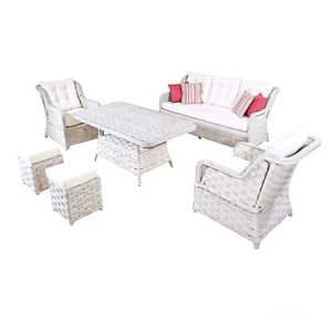 Sofagarnitur Gartenmöbel Esstisch Hocker Sessel Rattan Weiß Sitzgruppe 6tlg. - Imagen 1 de 5