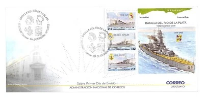 #22069 URUGUAY 2009 SHIPS MILITARIA NAVY RIVER PLATE BATTLE GRAF SPEE S/S FDC - Image 1 of 2