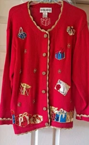 Victoria Harbour Womens M Red Beaded Ugly Christmas Cardigan Sweater Size Medium - Picture 1 of 7