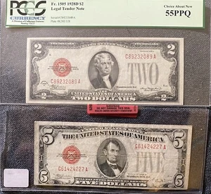 1928 D SERIES $2 RED SEAL CHOICE ABOUT NEW WITH 1928 D SERIES $5 RED SEAL - Picture 1 of 2