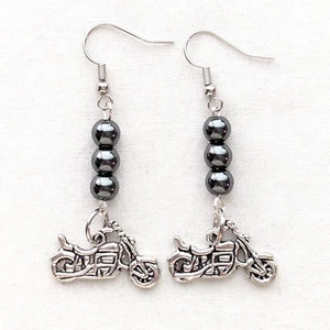 Motorcycle Dangle Earrings Hematite Beaded Bold Handmade Bike Biker Moto Jewelry - Picture 1 of 3