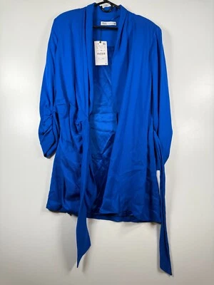 BNWT Zara Womens Tie Wrap Blazer Dress Mini Satin Blue Sz Large 18.5x36 - Image 1 of 4