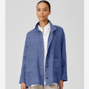 Eileen Fisher Organic Linen Blue Utility Jacket Sz M Lagenlook Relaxed Minimal - Picture 1 of 13