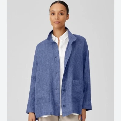 Eileen Fisher Organic Linen Blue Utility Jacket Sz M Lagenlook Relaxed Minimal - Image 1 of 4