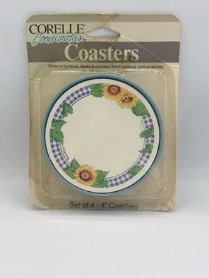Corelle Coordinates Coaster Set SUNSATIONS Sunflowers Blue Gingham NOS - Image 1 of 4
