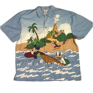 Disney Store Mens Hawaiian Graphic Button Up Shirt sz L LARGE Blue Mickey Donald - Picture 1 of 5