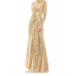 Mac Duggal Gold Gown Size 14 Sequined High Neck Long Sleeve Draped Dress 10824 - Picture 1 of 14
