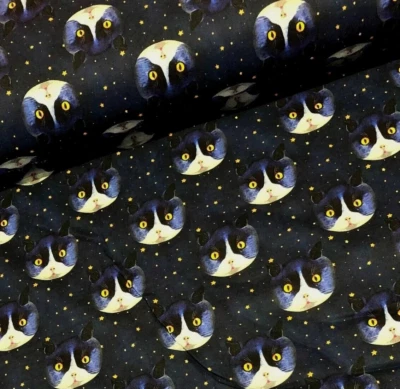 Stoff Meterware Baumwollstoff Patchwork 50 cm Sterne Himmel Schwarze Katze  - Bild 1 von 3