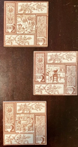 Orig. Set of 3 Kate Greenaway Antique T & R Boote Tiles ~  Children ~ 1881 ~RARE Cover