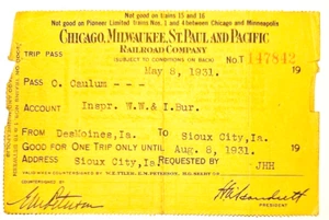 1931 Chicago Milwaukee St Paul and Pacific Railroad Pass Trip Train Ticket - Picture 1 of 2