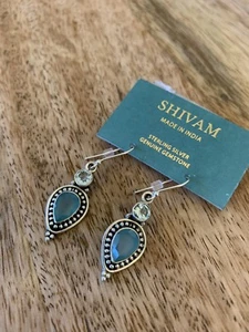 Shivam 925 Silver Earrings With Aqua Chalcedoney Blue Topaz Retail $68 - Picture 1 of 7