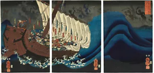 Japanese Art 3 Panel Print, Ghosts of the Taira Attack Yoshitsun by Kuniyoshi - Picture 1 of 2
