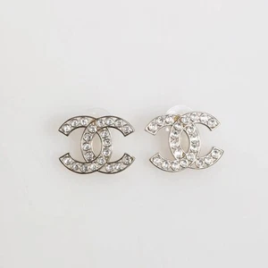 CHANEL CC Logos Rhinestone Stud Earrings Silver Tone Pushback B23S Auth w/Box - Picture 1 of 7