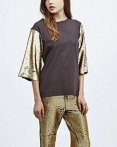 Native Rose Sequin Sleeve Gold Luxe Small T Shirt Top 8/10 - Picture 1 of 1