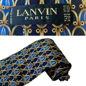 Corbata de cuello de diseñador geométrico azul y dorado LANVIN Paris 100 % seda hecha en Francia - Imagen 1 de 7