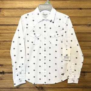 ARIAT Real Girls Pearl Snap Shirt Size Large 12 Youth White Aztec AOP NEW - Picture 1 of 9