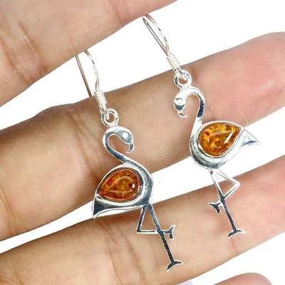 925纯银耳环梨琥珀波兰7x5毫米天然宝石首饰 — 第 1/4 张图片