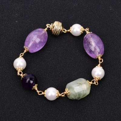 Brazalete Brazalete Para Dama Gemas Pepita Prehnita Amatista Perla Concha Mar Blanco Foto 1 de 4