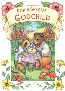 Tarjeta de felicitación feliz cumpleaños ahijado animales del bosque alrededor del árbol tema - Imagen 1 de 3
