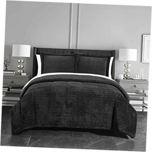 Ryland 3 Piece Comforter Set Ribbed Textured Microplush Sherpa King Black - Picture 1 of 5