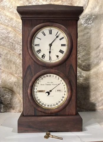 1875  ANTIQUE USA SETH THOMAS  Double Dial,Strikes,Calendar,day,month,Clock Cover