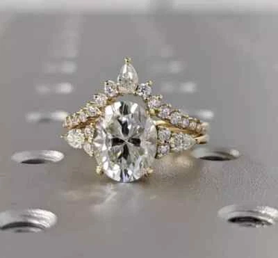 2Ct Oval Cut VVS1 Moissanite Bridal Set Wedding Band Ring 14k Yellow Gold Plated - Image 1 of 4