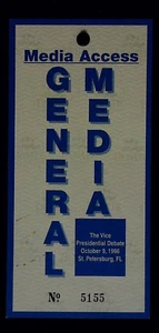 10/9/1996 Vice Presidential Debate Media General Press Pass Ticket Stub St Pete - Picture 1 of 2