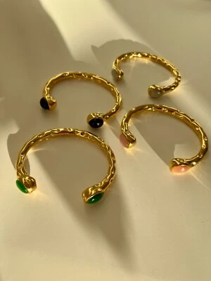 Frauen offener Armreif Armband vergoldet Edelstahl Naturstein Frauen Geschenk - Bild 1 von 4