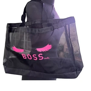 Boss Paris Tote Bag Black Mesh See Through Pink Eyelash Design 18x12x5EUC - Picture 1 of 7