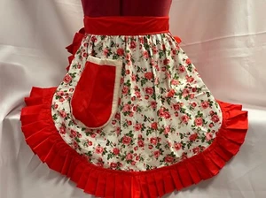 RETRO VINTAGE 50s STYLE HALF APRON / PINNY - PINK ROSES on WHITE with RED TRIM - Picture 1 of 8