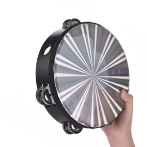 8/10inch Wooden Handheld Tambourine Double Row Jingles Reflective Drum Head T9O2 - Picture 1 of 8