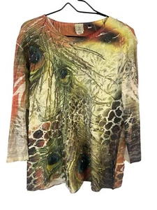 Jess & Jane Top Womens XL Feather Peacock Colorful Ruffle Tiered USA Made Artsy - Picture 1 of 8