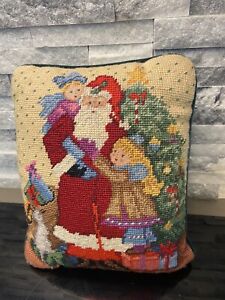 Vintage Bucilla Christmas Pillow Wool Needlepoint Velvet Backing Santa Tree