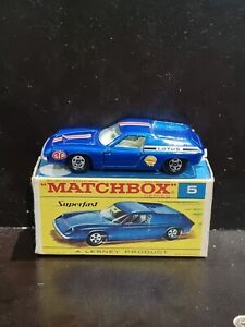 Matchbox #5 Lotus Europa Superfast Original Box Lesney Blue W/White Interior 