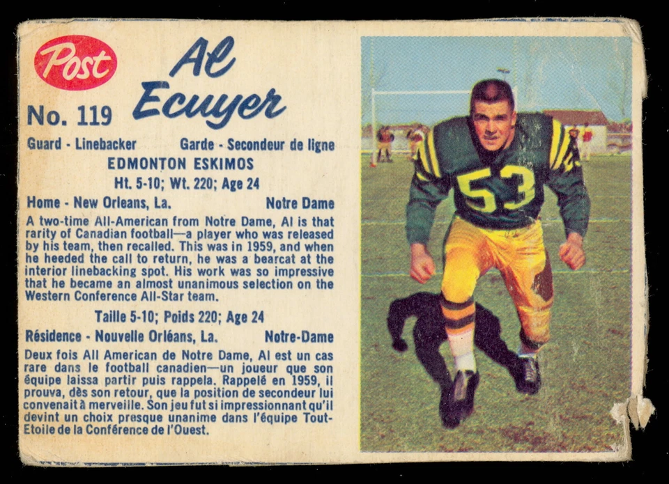 1962 POST CFL FOOTBALL #119 AL ECUYER VG EMONTON ESKIMOS NOTRE DAME Card - Image 1 of 2