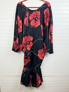 Saint Romei Vintage 80’s Dress Midi Pure Silk Black Red Floral Print Sz 10 - Picture 1 of 12