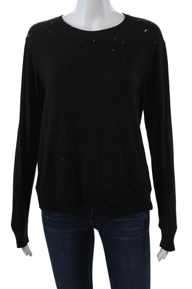 Solow Womens Long Sleeve Scoop Neck Knit Distressed Shirt Black Size Medium - Image 1 of 4