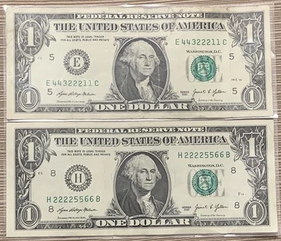 $1 Dollar Bill (2) E44322211C Perfect Descending Ladder Ascending Tri H22225566B - Image 1 of 4