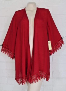 NWT Per Seption Concepts Large Cool Red Open Tunic Jacket Ornate Lace Trim - Picture 1 of 5