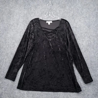 Eye Candy Top Women 2X Plus Black Velvet Lattice V Neck Gothic Grunge Y2K Velour - Image 1 of 4